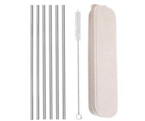 Szívószál szett tokkal tisztító kefével,6 db egyenes acél 6mm x 215 mm
