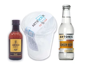 Jég 3dl pohárban + Abuelo 7 éves mini rum + ARTONIC Gyömbérsör