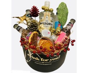 Karácsonyi Historia gin tonik ajándékcsomag kerek fekete díszdobozban