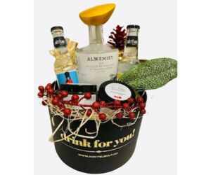 Karácsonyi Alkkemist gin tonik ajándékcsomag kis kerek fekete díszdobozban