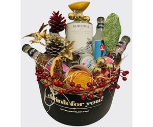 Karácsonyi Alkkemist gin tonik ajándékcsomag kerek fekete díszdobozban