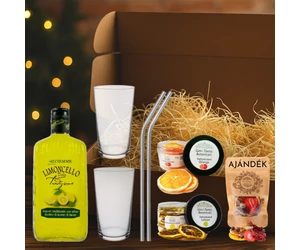 Limoncello ajándékcsomag díszdobozban, ajándék koktélfűszerrel