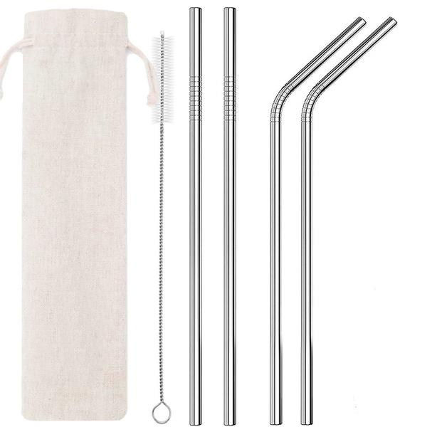 Szívószál szett vászonzsákkal tisztító kefével, 2 db egyenes 2 db hajlított acél 6mm x 215 mm
