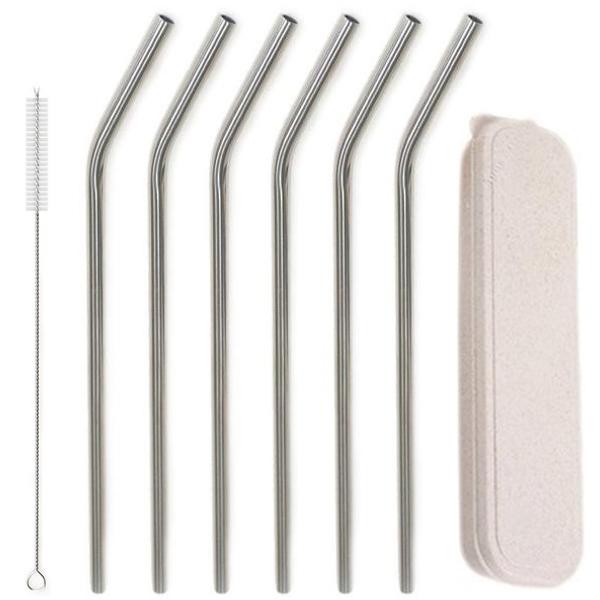 Fém szívószál szett tokkal tisztító kefével, 6 db hajlított acél 6mm x 215 mm