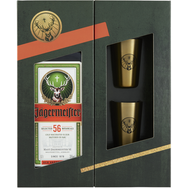 Jägermeister likőr 0,7L (35%) + 2db fém shot pohár prémium díszdobozban