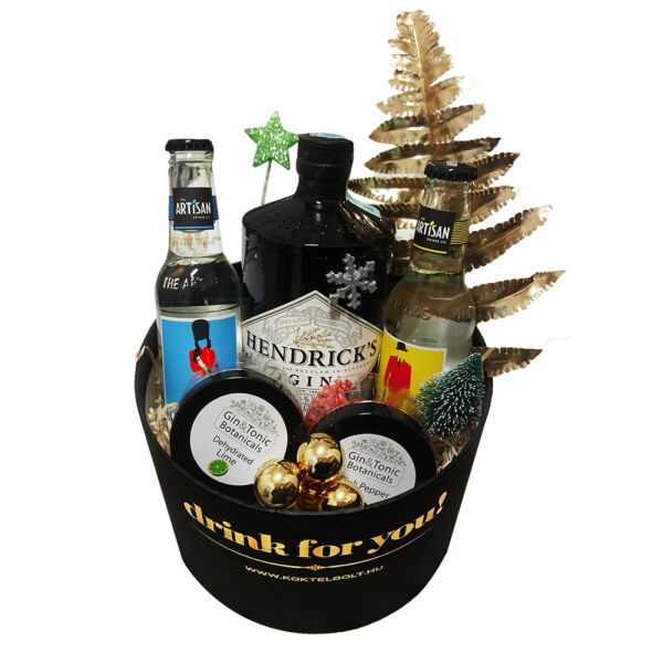 Karácsonyi Hendricks gin tonik ajándékcsomag kis kerek fekete díszdobozban