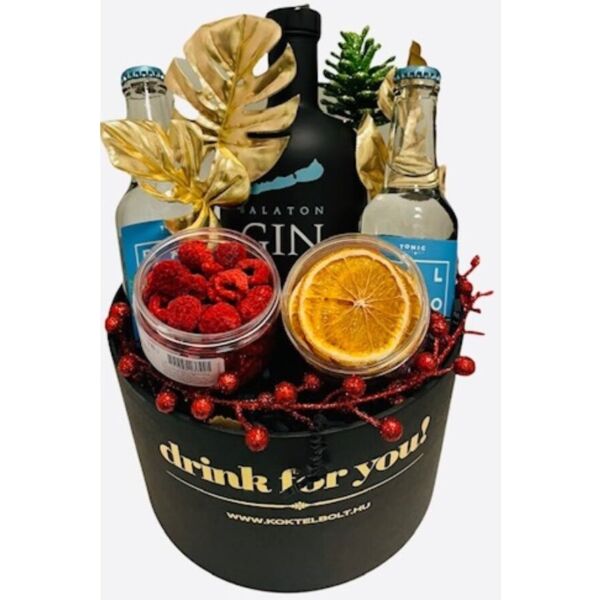 Karácsonyi Balaton gin Ajándékcsomag ginfűszerrel, kis fekete kerek díszdobozban