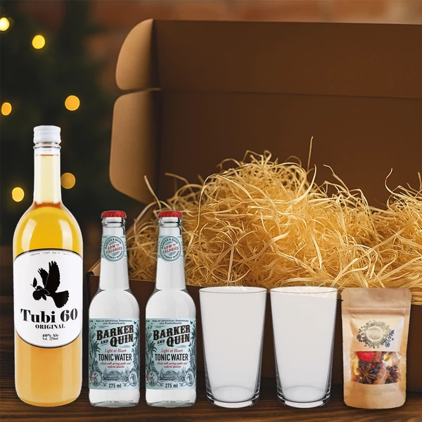Tubi ajándékcsomag díszdobozban, ajándék koktélfűszerrel
