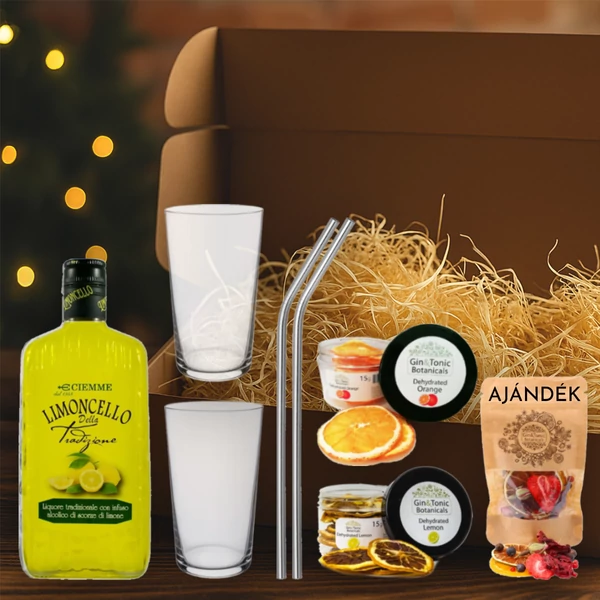 Limoncello ajándékcsomag díszdobozban, ajándék koktélfűszerrel