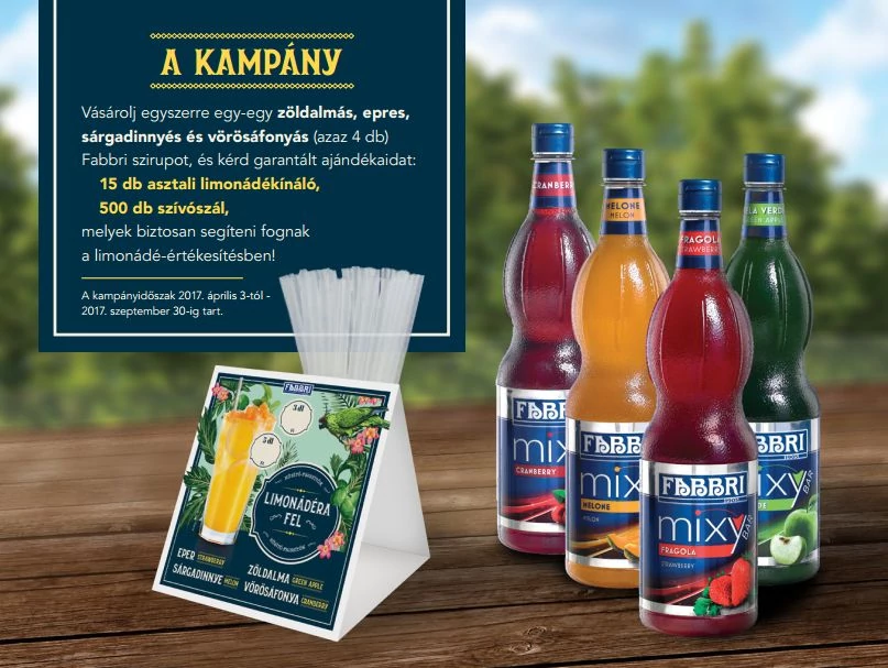 2.Fabbri Limonádé csomag Akció! Redeljen 4 ízt, 1 csomag szívószálat és 15 db limonádélapot adunk ajándékba!
