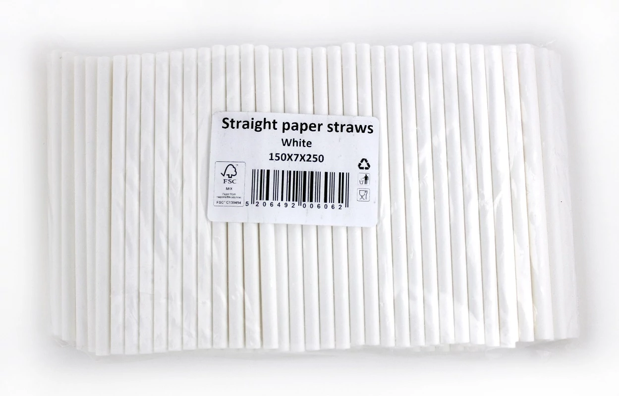 Papír szívószál fehér egyenes rövid 250db/cs 150x7mm