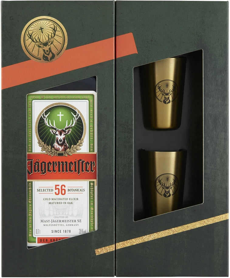 Jägermeister likőr 0,7L (35%) + 2db fém shot pohár prémium díszdobozban