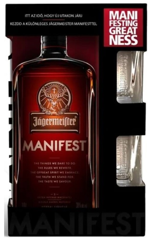 Jägermeister Manifest likőr - 1,0 L (38%) díszdobozban + 2 db pohár