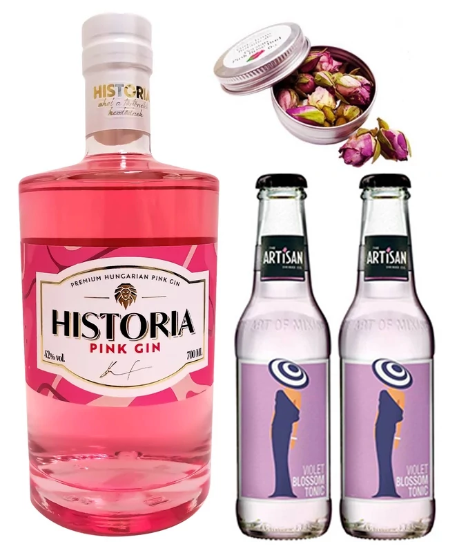 Historia Pink Gin csomag ajándék tonikokkal és fűszerrel 0,7L